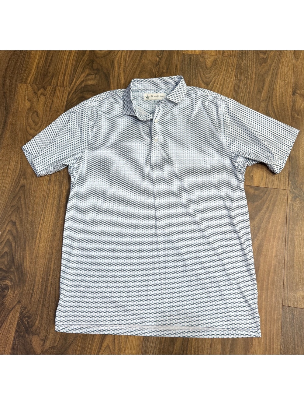 Donald Ross Polo Shirt Mens Medium Fish Print Golf Performance Blue White